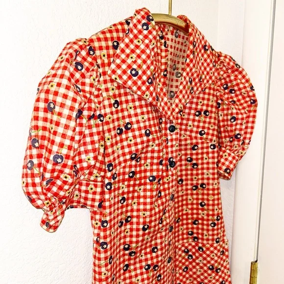 VINTAGE Handmade Seersucker Gingham & Blueberries Collared Mini Dress SZ: SMALL - Picture 3 of 11